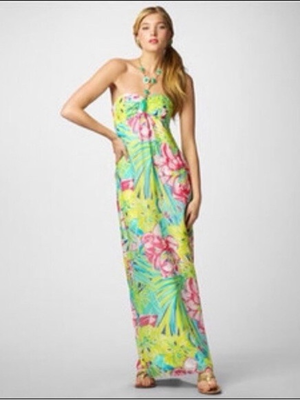Lilly Pulitzer Claudie Silk Maxi Dress, jeweled neck, schooner blue land escape